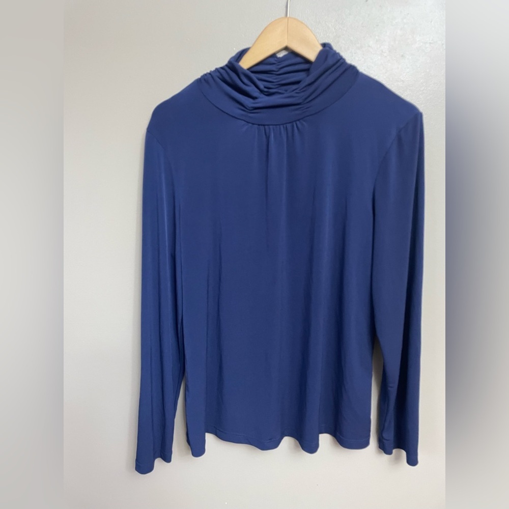Susan Graver Womens Top XL Blue Print Liquid Knit Tunic Long Sleeve Cowl Neck